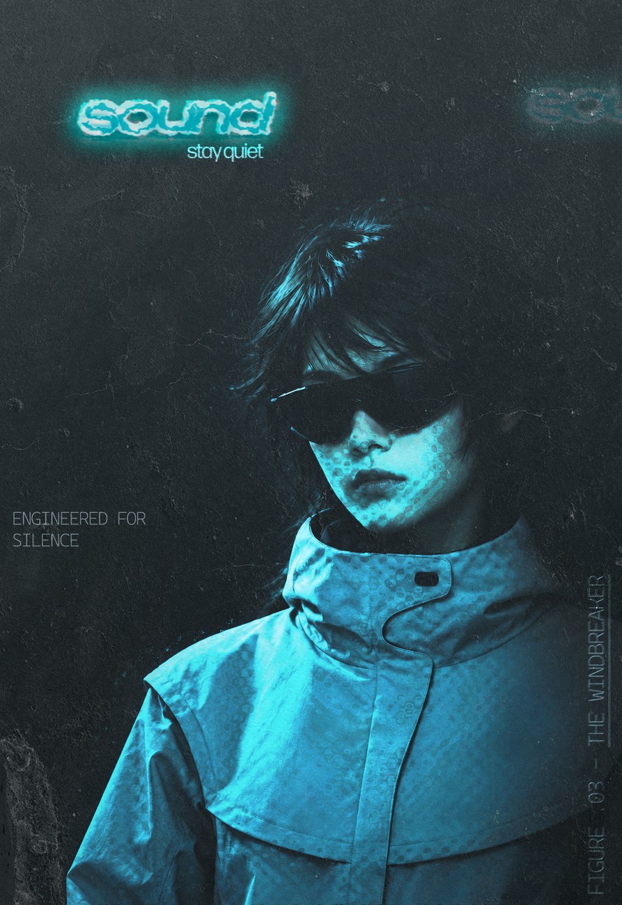 Sound campaign ad — model in the Windbreaker, wordmark reading "sound, stay quiet"