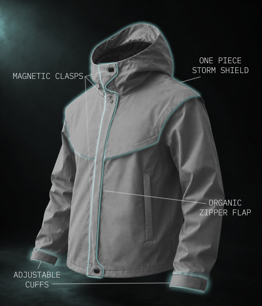 The Sound Windbreaker with construction callouts: magnetic clasps, one-piece storm shield, organic zipper flap, adjustable cuffs
